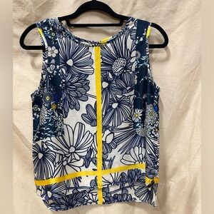 Graphic Blue and White Sleeveless Blouse with Yellow Accents